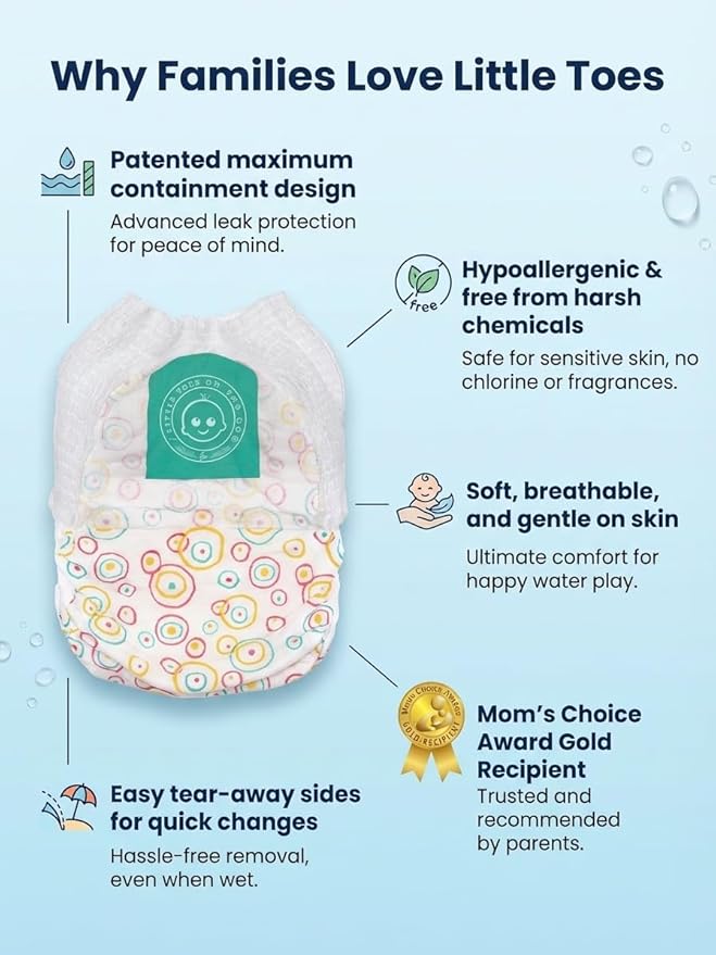 Little Toes Premium Natural Disposable Swim Diapers, Size 1–2 Small (13–20 lbs) (24 Count) | Baby Disposable Swim Diapers | Hypoallergenic, Chlorine & Fragrance-Free | Gentle on Sensitive Skin