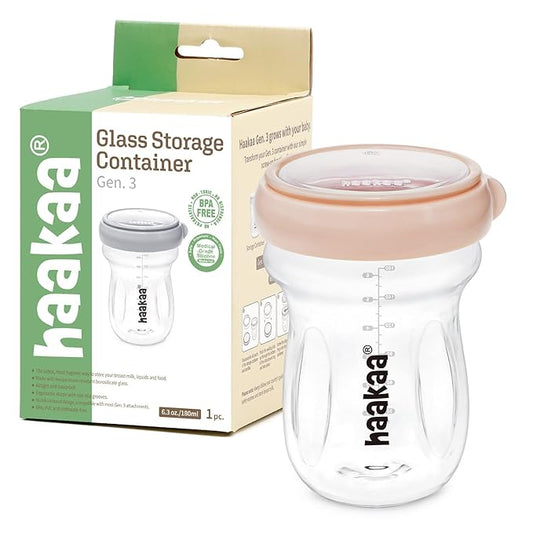 haakaa Glass Baby Food Storage Jar- Food Storage Container Airtight Lid-Wide Neck Gen.3 Baby Bottle -Leakproof BPA-Free 0m+ Newborn Babies(Peach, 6.3oz/180ml)