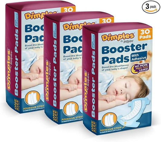 Inspire Dimples Booster Pads, Baby Diaper Doubler with Adhesive - 1 Size Fits All Diapers - Boosts Diaper Absorbency - No More leaks 90 Count (with Adhesive for Secure Fit)