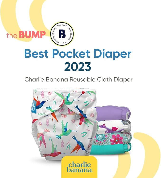 Charlie Banana Cloth Diapers, Reusable, Washable, Adjustable One Size Diaper, for Babies and Toddlers, with Absorbent Inserts - Flying Fantasy, 5 Pack