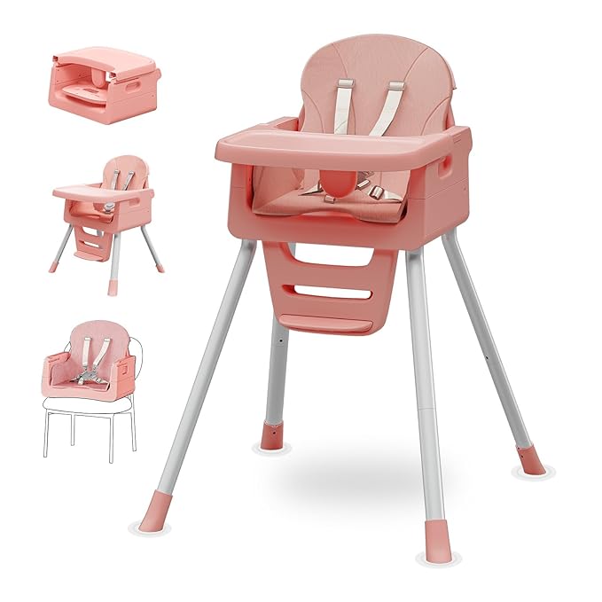 Portable High Chairs for Babies and Toddlers, Convertible Baby Feeding Chair with Tray, Easy Clean High Chair for Toddler with Foot Rest, Infant Highchairs & Booster Seats with Cushion Pink