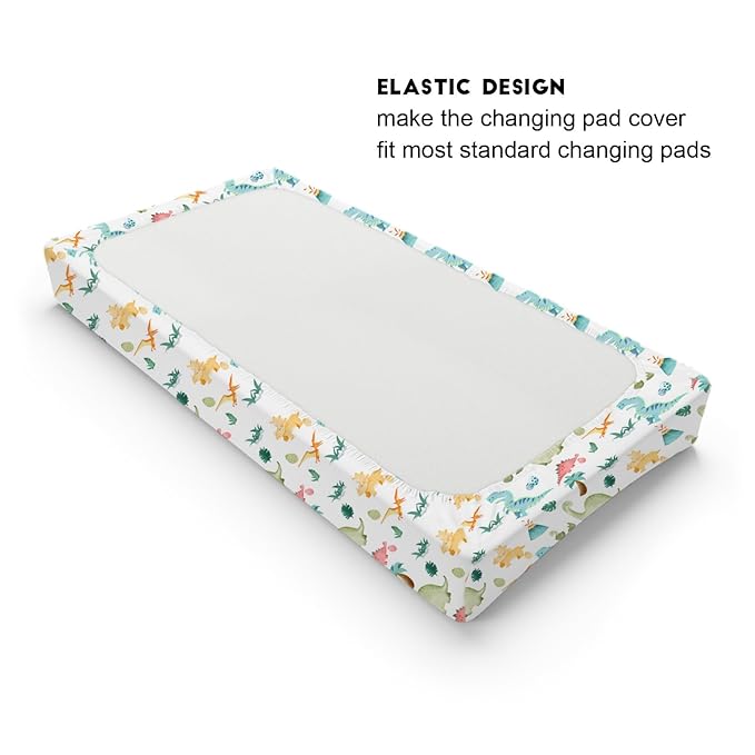 Colorful Dinosaurs Changing Pad Cover Cute Cartoon Dinosaurs Jungle Plam Leaves Diaper Change Table Pad Cover for Boys Girls Soft Breathable Stretch Fitted Changing Mat Sheets 32''x16''