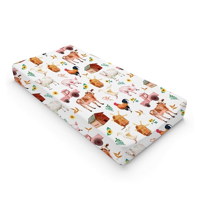 Watercolor Farm Animals Changing Pad Cover Barn Cow Lamb Chicken Pig Hen Duck Tractor Diaper Change Table Cover Sheets for Boys Girls Soft Stretchy Fitted Changing Mat Sheets