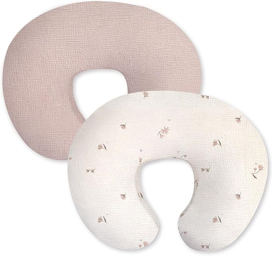 Little Grape Land Muslin Nursing Pillow Covers 2 Pack, 100% Cotton Removable Breastfeeding Pillow Covers, Feeding Pillow Slipcovers for Baby Boys & Girls, (Fog Flower & Rosy)
