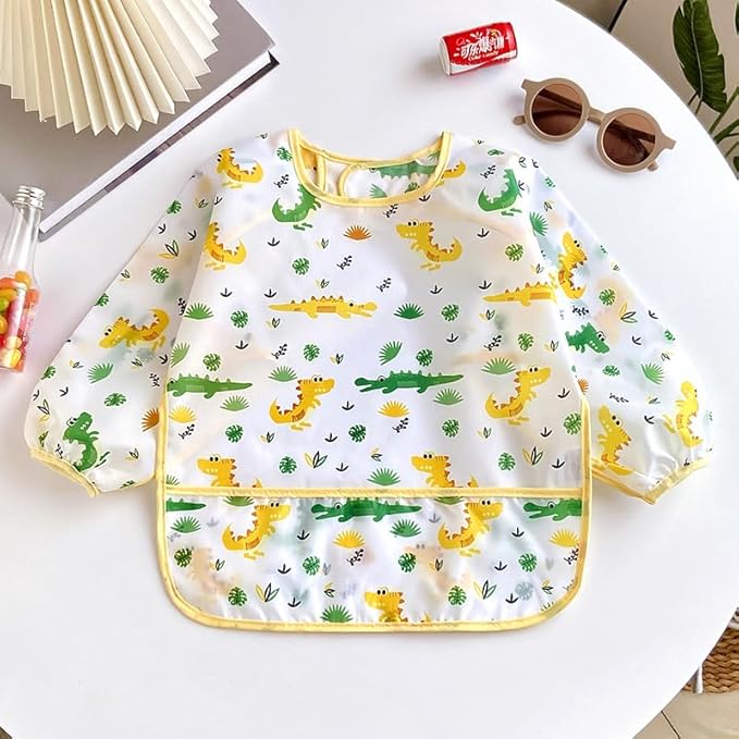 PandaEar 3 Pack Waterproof Long Sleeve Baby Bibs for Eating & Messy Play, Toddler Smock with Food Catcher Pocket, Lightweight Reusable Feeding Apron for Infant 6-36 Months (Bears, Penguins, Dinosaurs)