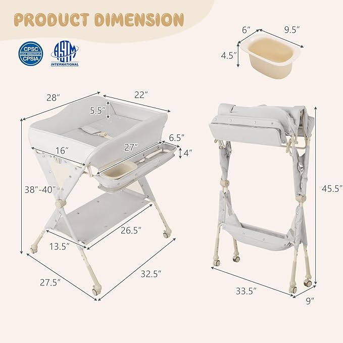 HONEY JOY Changing Table, Folding Mobile Diaper Nursery Organizer w/Wheel, 3 Adjustable Heights, Storage Bag & Open Shelf, Water Basin, Portable Baby Changing Station for Newborn Infant(Gray)