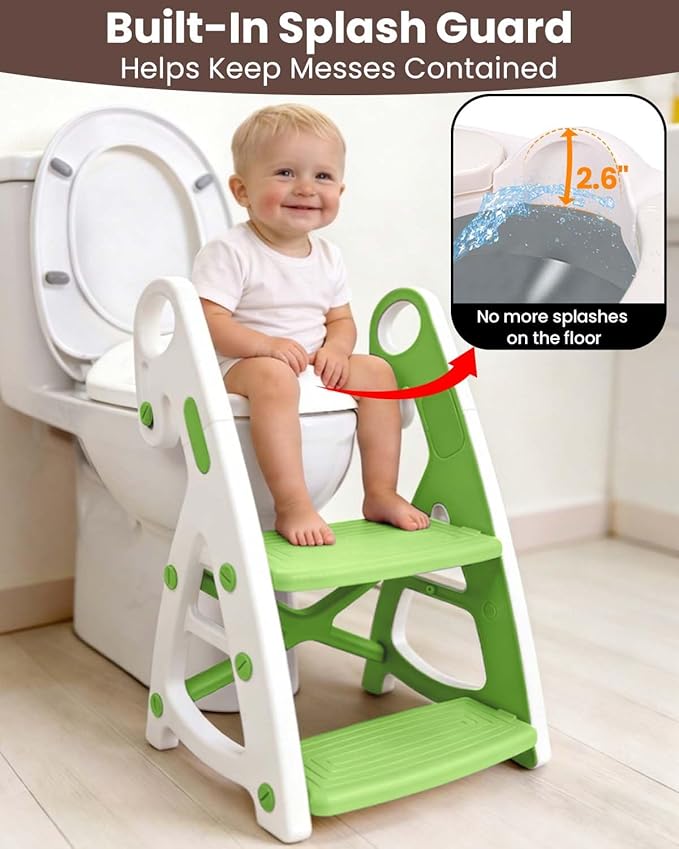 Potty Training Seat, Primlect Upgrade Ultra-Stable Toddler Toilet Seat for Kids Boys Girls, 2 in 1 Potty Training Toilet with Step Stool, Adjustable Seat and Ladder, Non-Slip Pad, Splash Guard (Green)