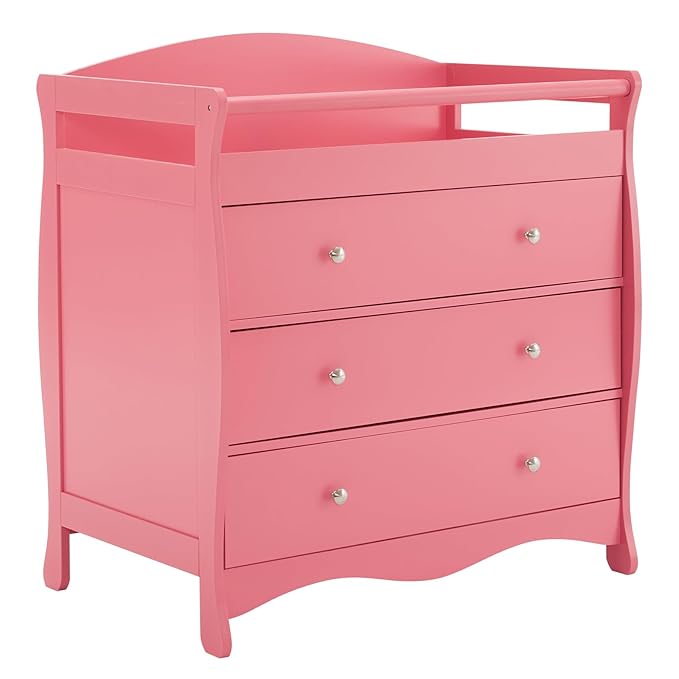 Karl home Changing Table，Dresser Baby Diaper Changing Station Infant Nursing Table with 3 Drawers, Safety Rail & Strap for Bedroom, Nursery, Pink