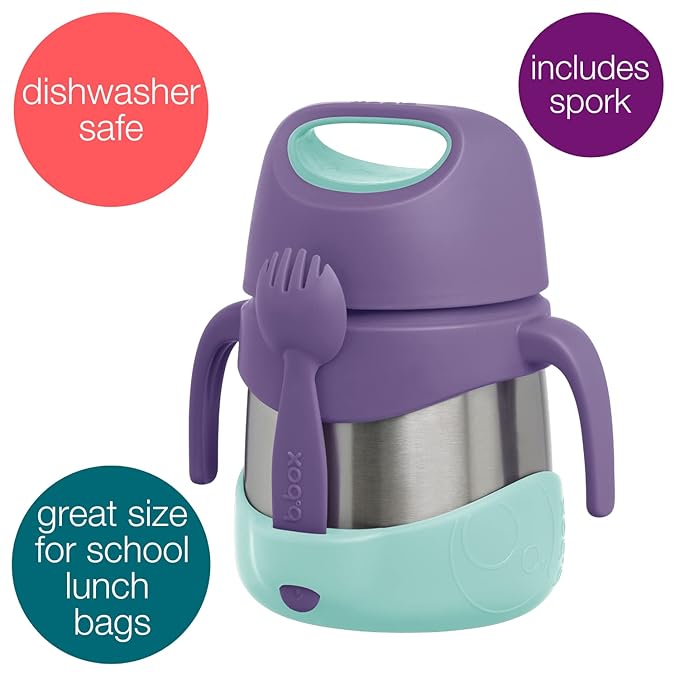 b.box Insulated Food Jar with Spork for Toddlers | Easy Open Container | Stainless Steel, 5hrs+ of Perfect Temperatures | Dishwasher Safe, BPA Free (Lilac Pop, 11 oz)