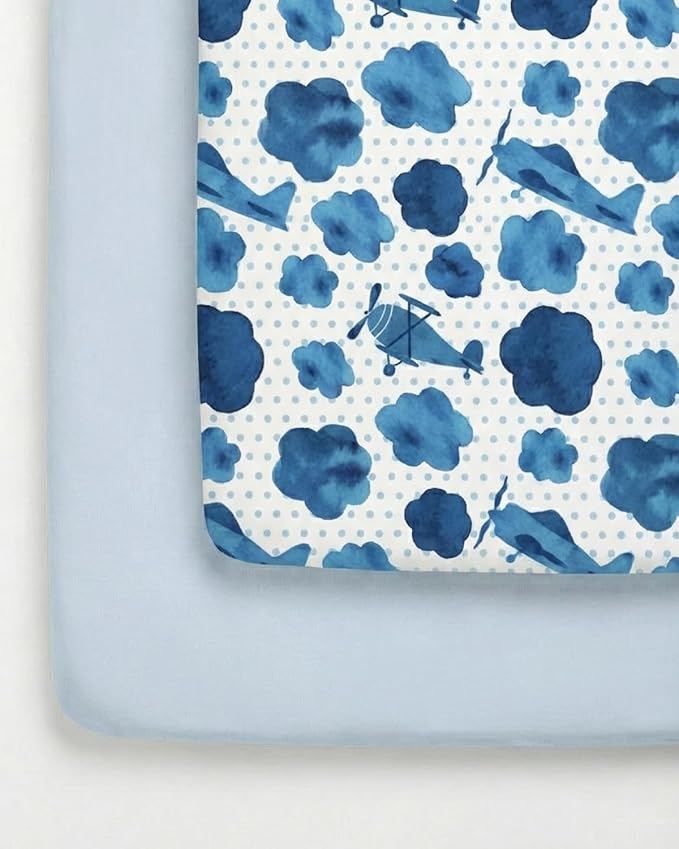 Pack and Play Sheets Fitted - 2 Pack Mini Crib Sheets for Pack N Play Mattress - Unisex Playard Microfiber Bedding for Boys & Girls - Soft, Breathable & Wrinkle Free - Oeko-Tex, 38 x 26in - Plane Sky