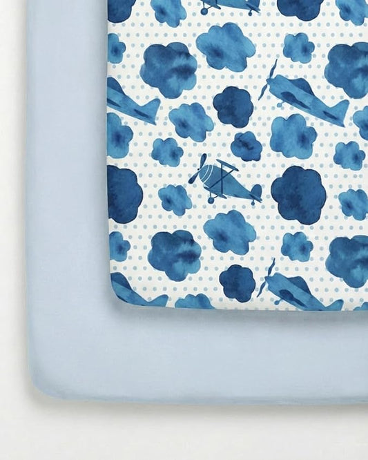 Pack and Play Sheets Fitted - 2 Pack Mini Crib Sheets for Pack N Play Mattress - Unisex Playard Microfiber Bedding for Boys & Girls - Soft, Breathable & Wrinkle Free - Oeko-Tex, 38 x 26in - Plane Sky