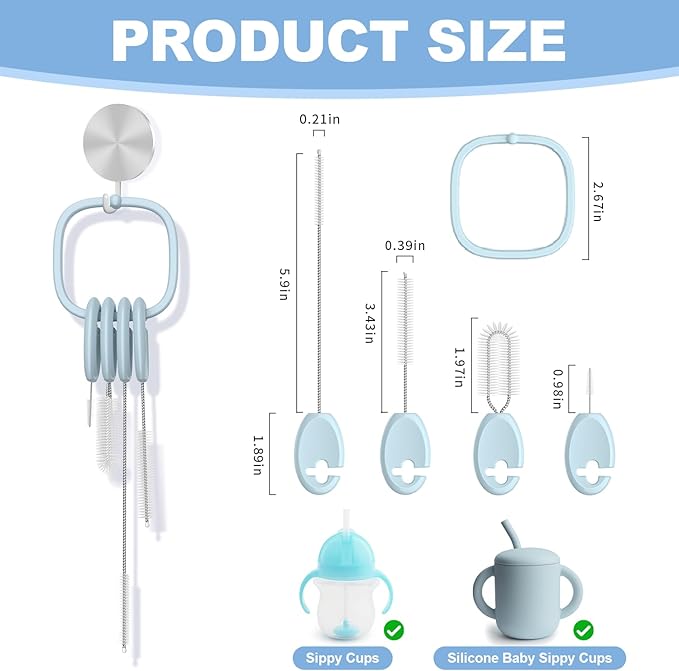 YOTIME 4 in 1 Straw Cleaner Brush Set, Reusable Standing Straw Brushes with Holder Ring, for Baby Bottles, Sippy Cups and Lids, Blue