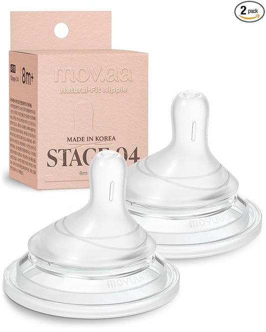 Moyuum Natural Fit Silicone Nipple for MOV.aa Bottles, Made in Korea - Perfect for Newborn, Anti-Colic Feed, Easy to Latch for Infant, from Breast to Bottle | Stage 4, Extra Fast Flow, 8m+ (2 Pack)