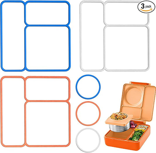 6 PCS (3 Sets) Replacement Gaskets Compatible with OmieBox Redesigned Model - Food-Grade Silicone Lid Seals and Thermos O-Rings Set - Leak-Proof BPA-Free Bento Box Accessories (Blue Orange White)