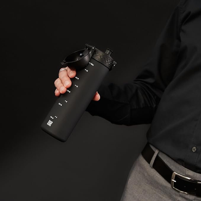 Ion8 Water Bottle, 500 ml/18 oz, Leak Proof, Easy to Open, Secure Lock, Dishwasher Safe, BPA Free, Hygienic Flip Cover, Carry Handle, Fits Cup Holders, Easy Clean, Odor Free, Carbon Neutral, Black