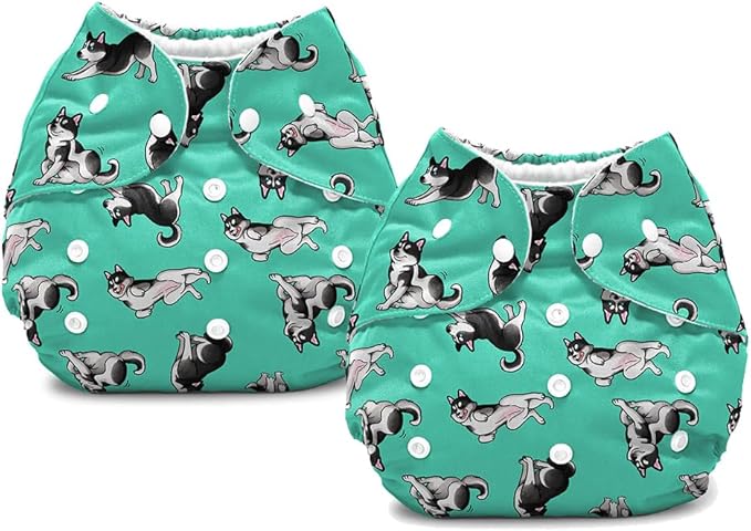 WIRESTER Set of 2 Baby Cloth Diaper One Size Adjustable Washable Reusable Cloth Pocket Diaper for Baby - Siberian Husky Funny Playful Postures