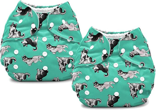 WIRESTER Set of 2 Baby Cloth Diaper One Size Adjustable Washable Reusable Cloth Pocket Diaper for Baby - Siberian Husky Funny Playful Postures