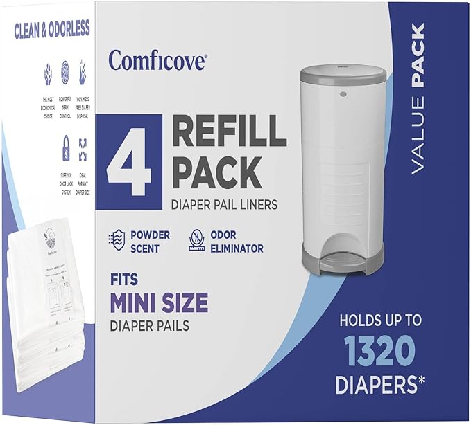 Comficove Refills Compatible with DEKOR MINI Diaper Pails | 4 Pack | Extra Thick Diaper Pail Refill Liners | Fresh Scent | Easy to Replace and Dispose of Diaper Bag | Odorless Baby Diapers Disposal