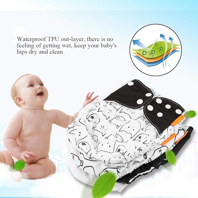 4pcs Baby Diaper Cover, Washable Reusable Newborn Nappy Cover, Comfortable Soft, Dry and Breathable, Adjustable Size(1#)