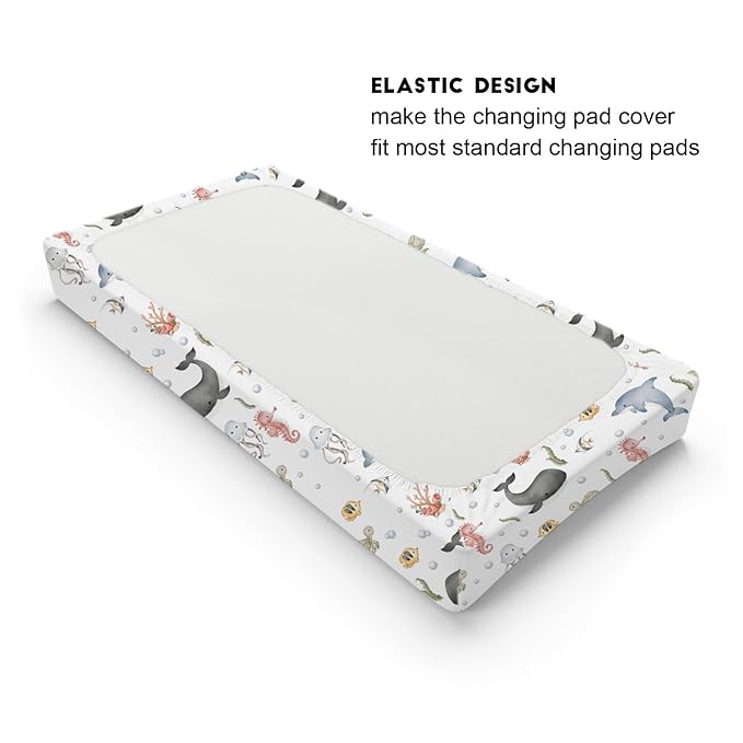 Sea Animals Changing Pad Cover Whale Dolphin Jellyfish Sea Horse Turtle Fish Coral Fitted Baby Change Table Sheets for Boy Girl Ocean Soft Stretch Fitted Changing Table Pad Cover Mats 32''x16''