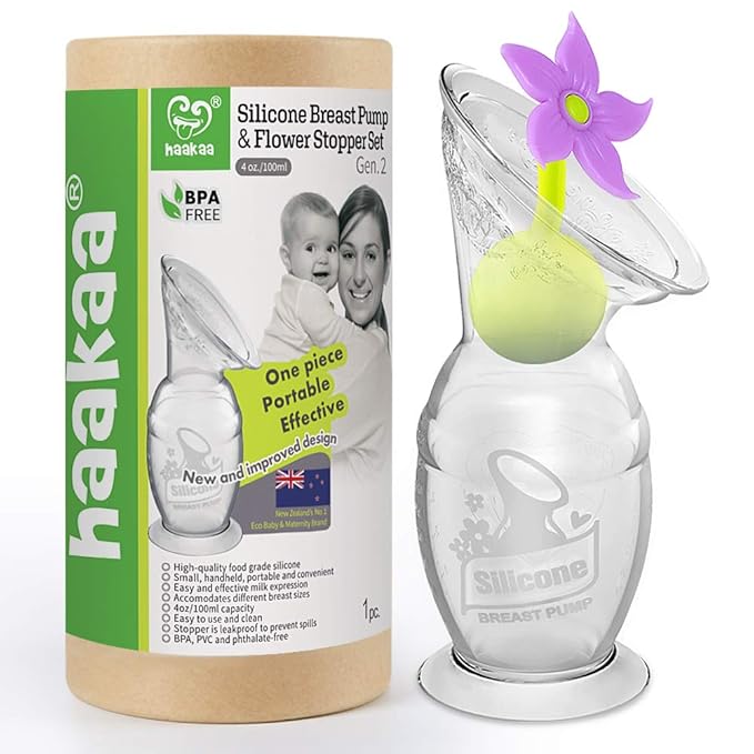 haakaa Manual Breast Pump with Suction Bottom and Purple Stopper (4oz/100ml)