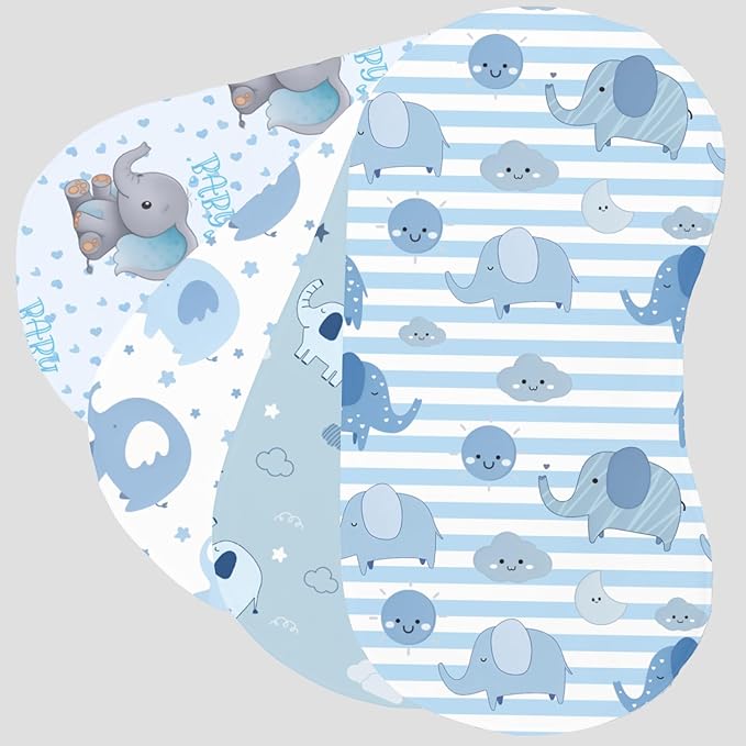 4pcs Elephant Burp Cloths for Baby Boys Girls 100% Cotton Blue Elephant Themed Design Burp Rags, Soft Breathable Muslin Burping Cloths Absorbent Spit-Up Cloths for Infant Newborns