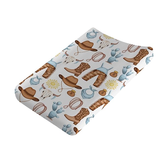 Baby Western Cowgirl Cowboy Changing Pad Covers for Boy Girl 32''x16'' Desert Cowboy Hat Boot Sun Cactus Fitted Diaper Changing Table Pad Sheets Soft Breathable Baby Change Table Mat