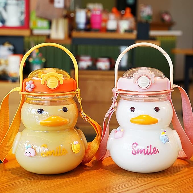 Large Cute Duck Water Bottle with Straw and Strap 34oz Kawaii Duck Water Bottle with 3D Stickers for Kids Toddler Girls School Sports Travel Leakproof Portable Handle Hot and Cold Bottles (Pink)