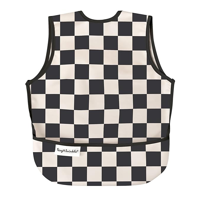 Tiny Twinkle Mess Proof Baby Bib for Boys | Waterproof Toddler Bib for Eating | Baby Apron for Feeding, Machine Washable | Perfect Shower Gift (Black Checkers, 6–24M)