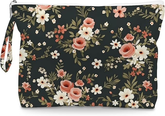 Fokongna Floral Print Wet Bag, Small Portable Waterproof Multi-Functional Organizer for Women, Black Background Pink Floral, Ideal for Daily, Beach & Travel