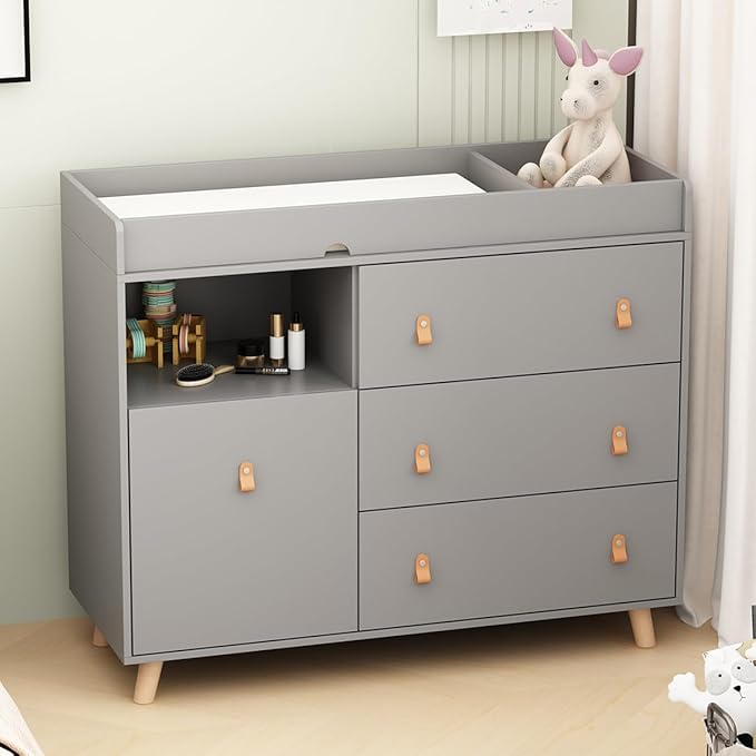 Timechee Baby Dresser Changing Table with Drawers,Shelf,Hidden Laundry Basket Storage,2 in 1 Nursery Dresser Chest for Infants, Baby Diaper Changing Station for Daycare,Bedroom,Grey