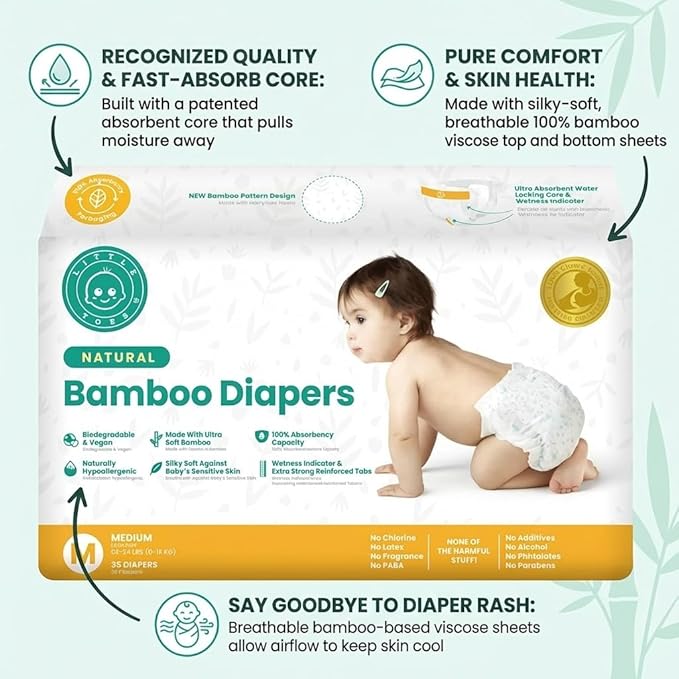 Little Toes Patented Natural Disposable Viscose Diapers ǀ Day and Overnight Diapers ǀ Sustainable ǀ Size 2-3 Medium | 36 Pack