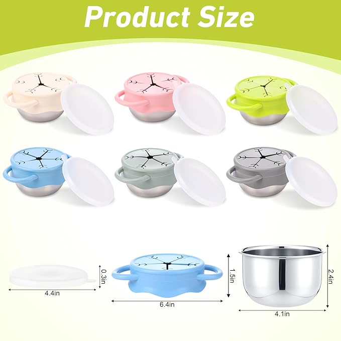 6 Pcs 13 oz Stainless Steel Snack Cups Spill Proof, 3 in 1 Baby Snack Containers Removable Silicone Food Catcher Travel Lid Food Catcher for Baby Toddler Kids, Dishwasher Safe (Classic Color)