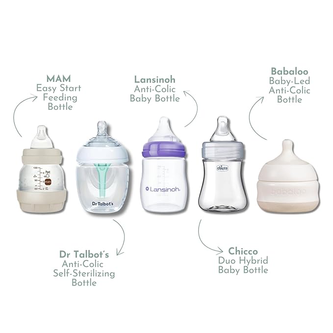 Baby Bottle Trial Pack Variety Box for Newborns & Infants – 5 Bottles Featuring Chicco, Dr. Talbot’s, MAM, Lansinoh & Babaloo – Anti-Colic, Breastfeeding-Friendly Baby Registry Gift, Tiny Trials