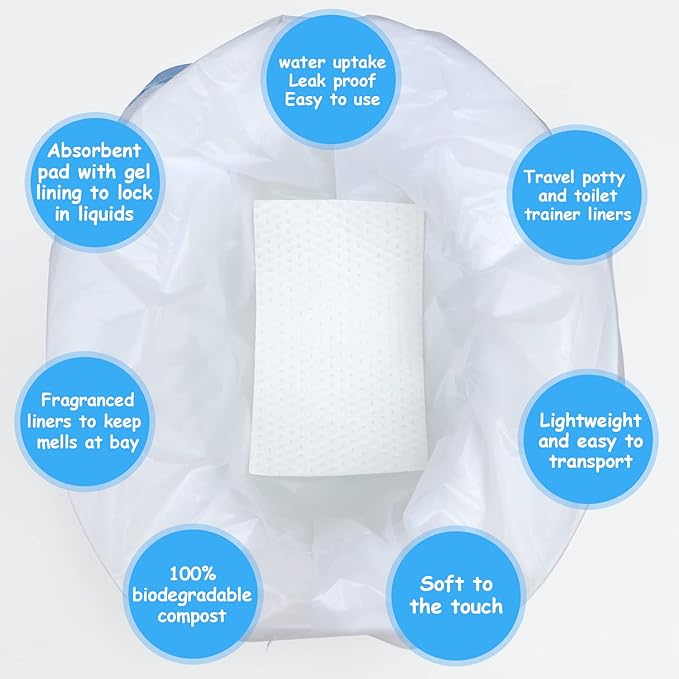 Disposable Potty Chair Liners with Drawstring for Universal Potty Training Toilet Seat, Toddler Portable Outdoors Travel Toilet Liners with Super Absorbent Pad - 30 Pack