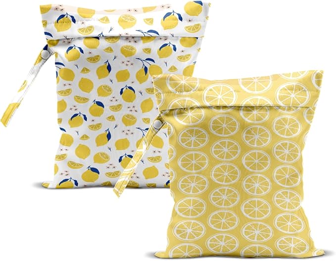 ZHAMEN 2Pcs Wet Bag, Wet Dry Bag Reusable with Zipper, Travel, Beach, Pool, Diapers, Dirty Yoga Gym Clothes, Makeup Bag, Waterproof Wetdry Packing, Summer Lemon Decore (12x10 Inch)