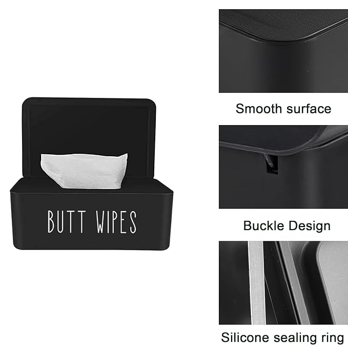 Butt Wipe Holder Flushable Baby Wipe Container Dispenser for Nursery Diaper Easy to Access,7.28"L x 4.80"W x 2.75"H (Black)