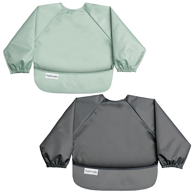 Tiny Twinkle Long Sleeve Bib for Babies & Toddlers | 2-Pack Waterproof Smock Bib for Eating | Machine Washable & Mess-Proof Feeding Essentials | Newborn Shower Gift (Sage Charcoal,6–24M)