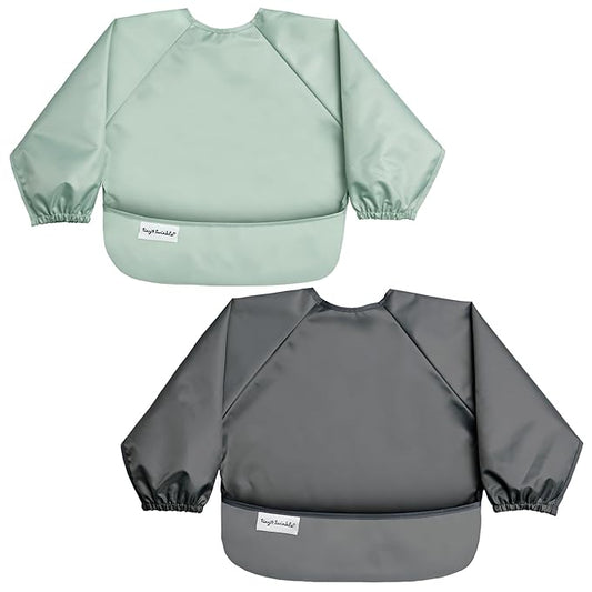 Tiny Twinkle Long Sleeve Bib for Babies & Toddlers | 2-Pack Waterproof Smock Bib for Eating | Machine Washable & Mess-Proof Feeding Essentials | Newborn Shower Gift (Sage Charcoal,6–24M)