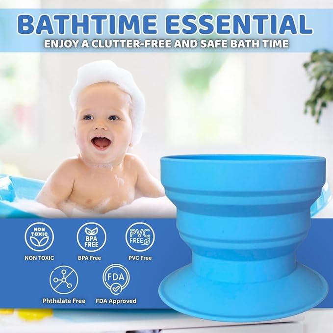 TubbyCup Toddler Bath Rinse Cup – Easy Hair Rinsing Without Tears, Suction Base Sticks to Tub, Soft Collapsible Silicone, BPA-Free (Blue)