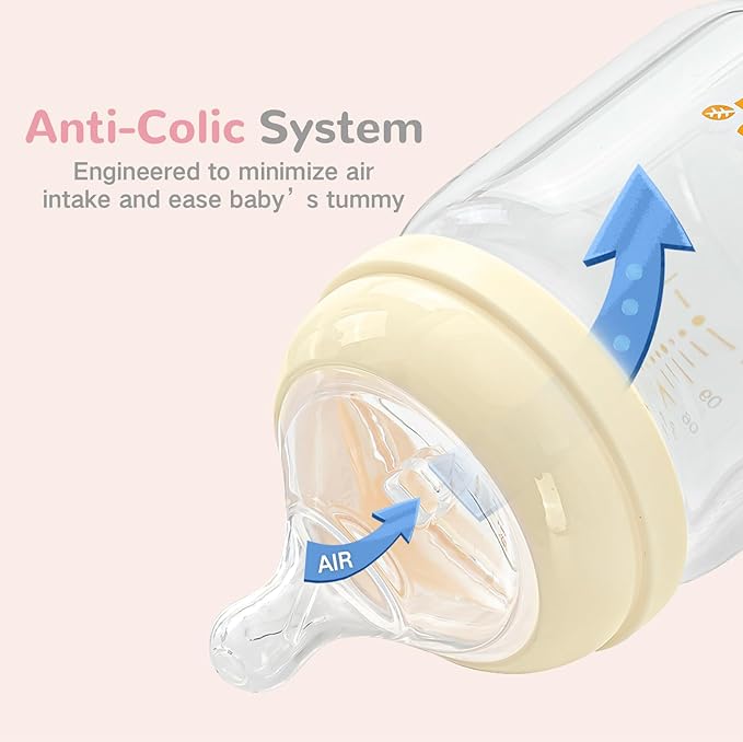COMI Natural Glass Baby Bottles for Breastfeeding Babies,Newborn Anti-Colic Baby Bottle Set with Slow Flow Nipple,0-3 Months,BPA-Free,4 oz,2 Pack