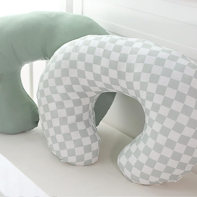DILIMI Muslin Nursing Pillow Cover 2 Pack, Removable Nursing Cover for Breastfeeding Pillows, Ultra Soft Comfortable Slipcover for Baby Girl and Boy, Green and Checkered