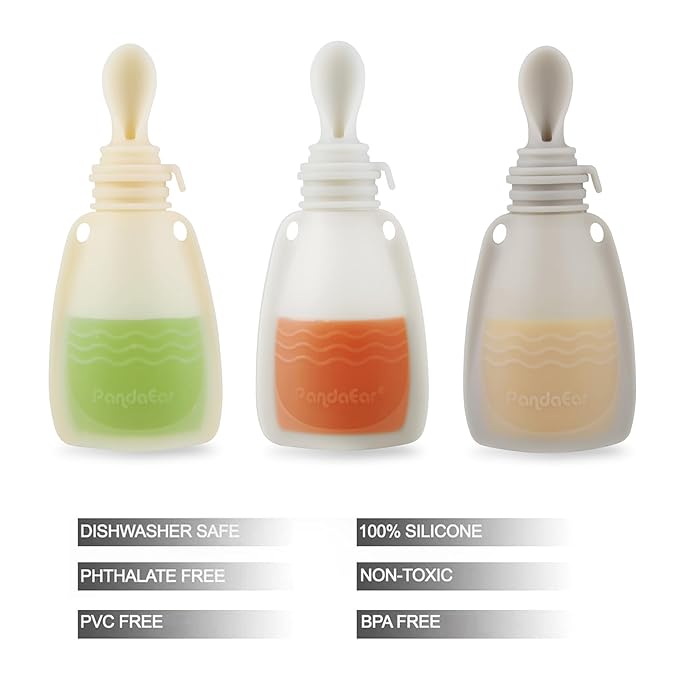 PandaEar 3 Pack Silicone Baby Food Pouches, Reusable Squeeze Pouches for Toddler with 3 Silicone Puree Feeder Spoon, BPA-Free Silicone Refillable Infant Food Storage, 5 oz (Light Tan&Walnut&Grey)