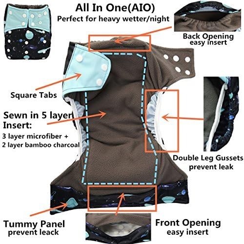 3 AIll in One Cloth Diapers Nappies for Night AIO Sewn in Insert Reusable Washable (Dinosaur Pack)
