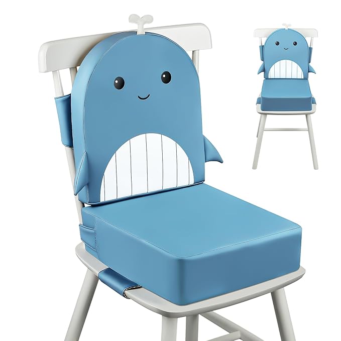 Toddler Booster Seat for Dining Table with Backrest, 4inch Non-Slip Kids Booster Seat for Kitchen Chair, PU Waterproof Detachable Increasing Cushion (Blue Whale)