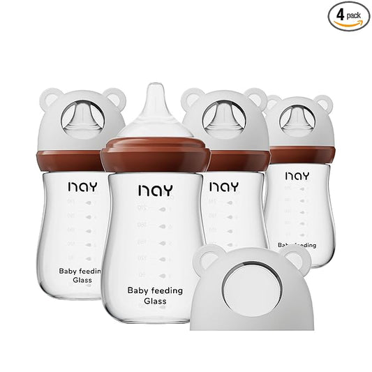 yanyoyo Natural Glass Baby Bottle for Breastfeeding Babies, 8oz Anti-Colic Baby Bottle with Natural Response Nipple(M), Clear, Wide Neck, 4 Pack, 3 Months+