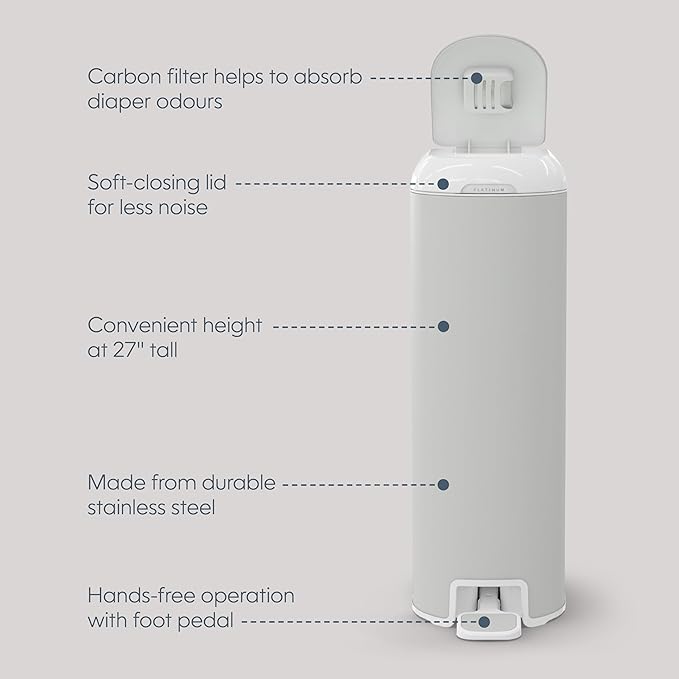 Diaper Genie Platinum Pail (Grey) is Made in Durable Stainless Steel and Includes 1 Easy Roll Refill with 18 Bags That can Last up to 5 Months.
