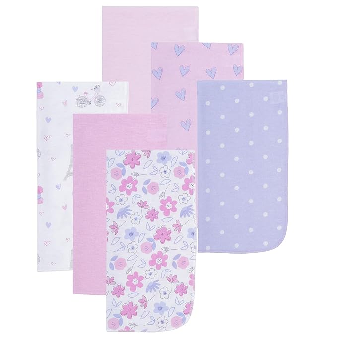 EVERYDAY KIDS 12 Pack Burp Cloths for Baby Girl - Paris, Flowers and Hearts