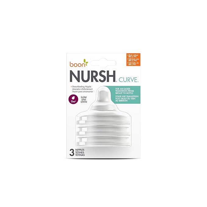 Boon Nursh Curve Silicone Baby Bottle Nipples - Platinum Food-Safe Silicone Bottle Nipples - Slow Flow Nipples for Baby Bottles - Baby Bottle-Feeding Supplies - 3 Count (Pack of 2)