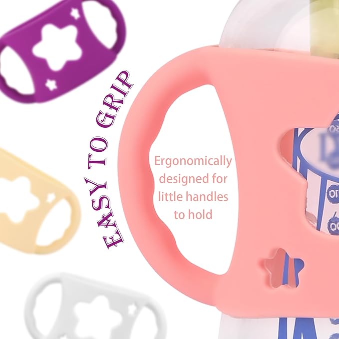 4 Pack Baby Bottle Handles, Silicone Bottle Handles for Dr Brown Wide-Neck Baby Bottles (White+Pink+Purple+Yellow)